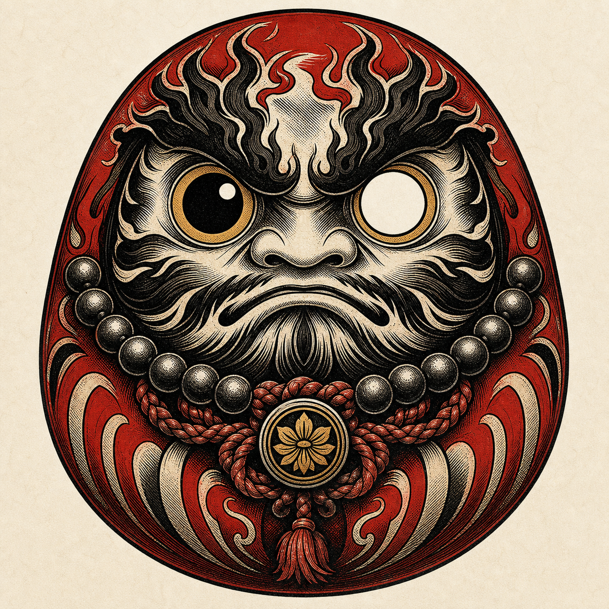 Tattoo-style red and black Daruma with one eye filled